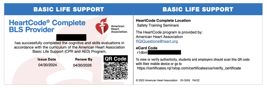 AHA bls card sample